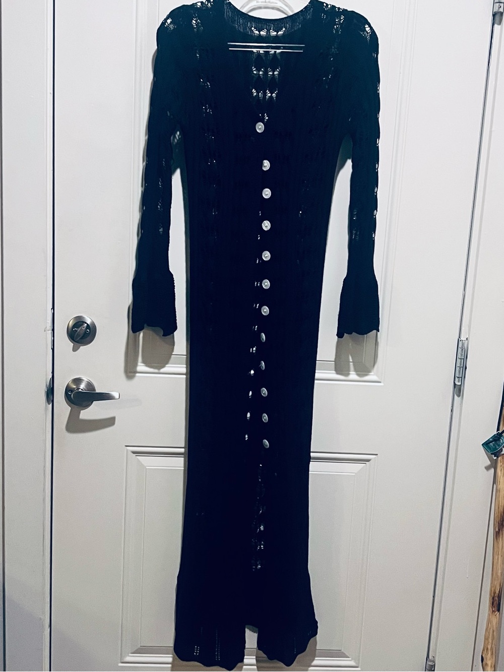 Source Unknown Black Long Button-Front Knit Cardigan Dress